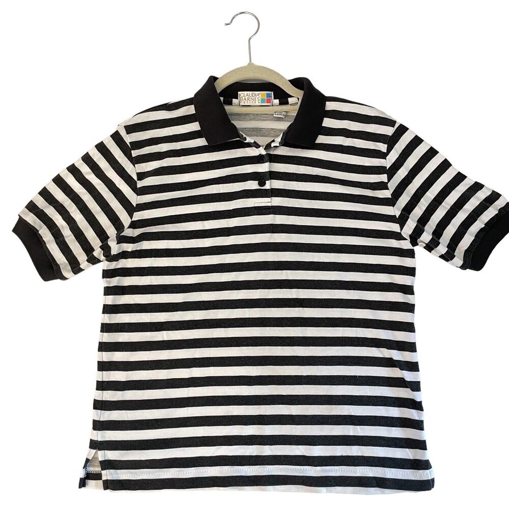 Claudia Barnes VTG MOD PREPPY TENNIS Women's Small Stripe Black White Polo Shirt